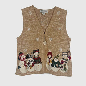 Heirloom Collectibles Christmas Sweater Vest Women Large Tan Snowmen Teacher
